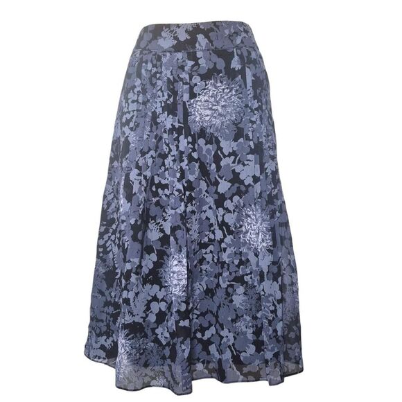 Ann Taylor Blue and Navy Silk Pleated Midi Skirt Dark Romantic Career Size 4 - Picture 1 of 4